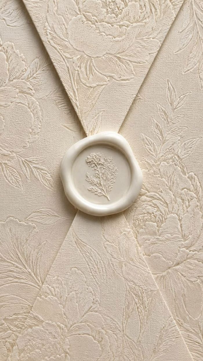 Enveloppe ivoire gaufrée avec cachet de cire fleuri